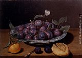 Still Life Of A Plate Of Plums And A Loaf Of Bread by Jacques Linard